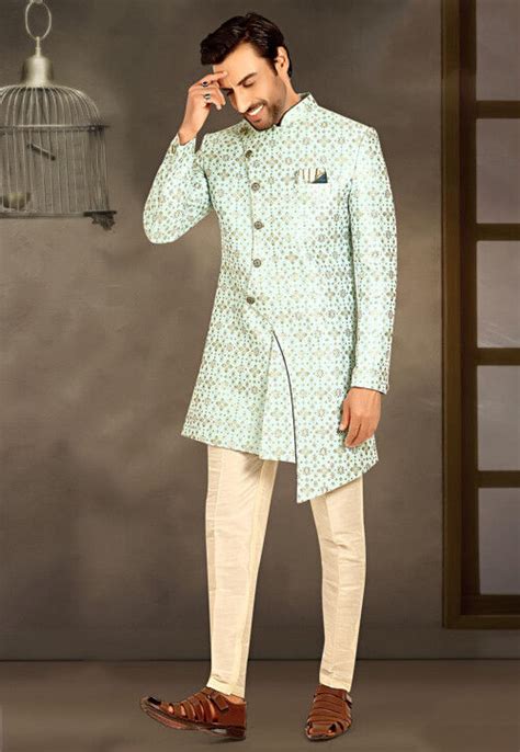 Buy Woven Art Silk Jacquard Asymmetric Sherwani In Sky Blue Online