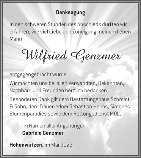 Traueranzeigen von Wilfried Genzmer Märkische Onlinezeitung Trauerportal