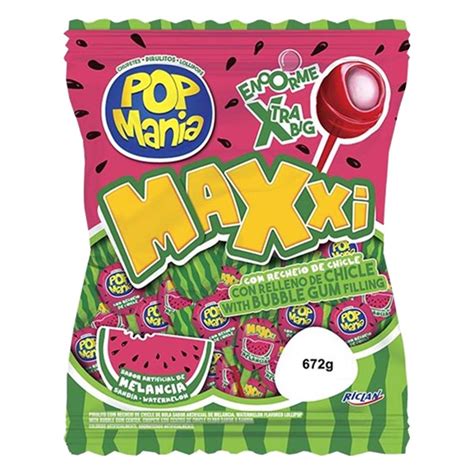 Pirulito Pop Mania Maxxi Melancia Recheio Chiclete C 24 Riclan