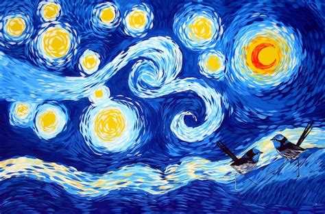 Van Gogh Starry Night Fairy Wrens Parody Blue Wall Art Etsy