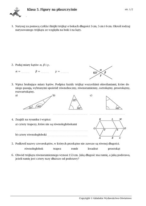 Klasa 5 Figury Na Plaszczyznie Karta Pracy Klasa 5 Figury Na