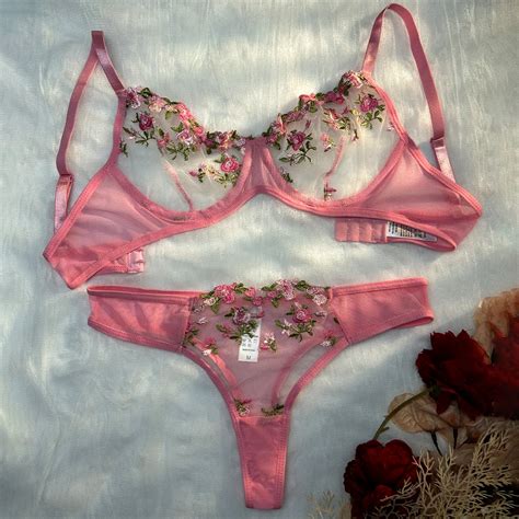 Pink Sexy Lingerie Woman Lace Transparent Underwear Fairy Embroidery Brief Sets Delicate Bra