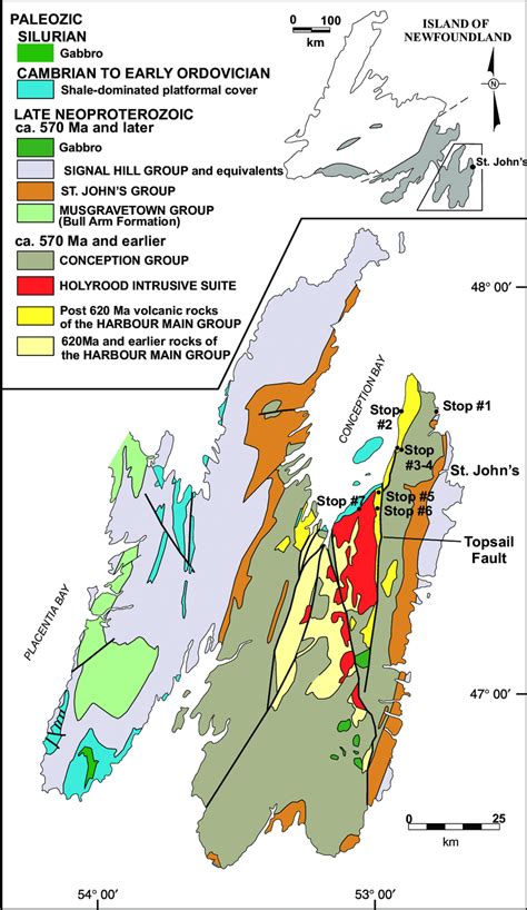 Simplified geology map of the Avalon Peninsula (modified from King,... | Download Scientific Diagram