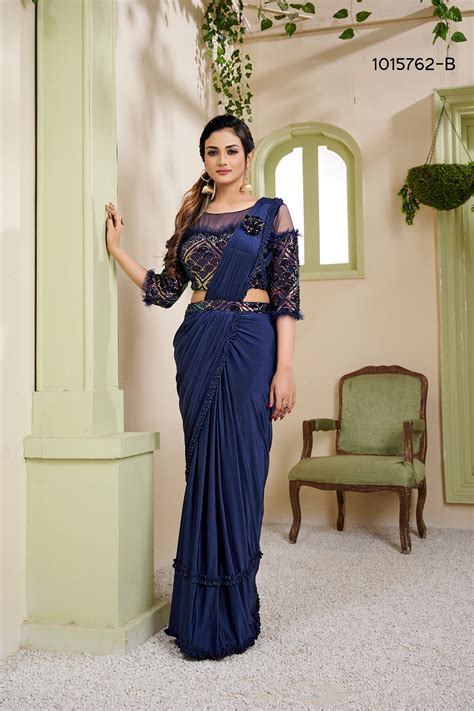 Blue Sequins Work Lycra Readymade Saree 1015762b