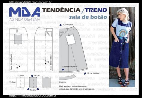 A3 NUMo 0164 SKIRT SAIA BOTÃO Padrões de costura fáceis Padrões de