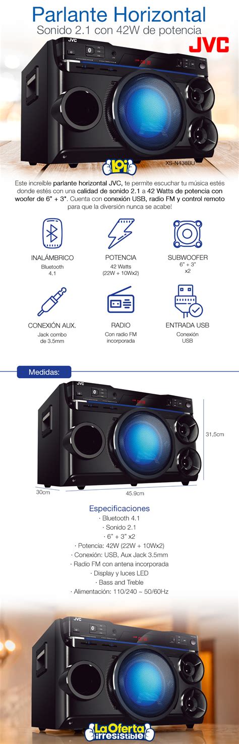 Parlante Horizontal JVC 2 1 42W RMS Bluetooth USB Aux FM Control