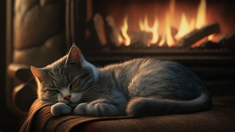 Relax With Purring Cat And Crackling Fireplace Sleep In Cozy Winter