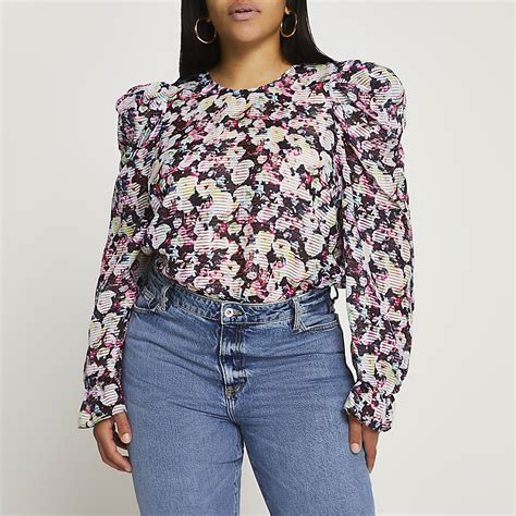 Plus Black Floral Puff Sleeve Blouse Top River Island