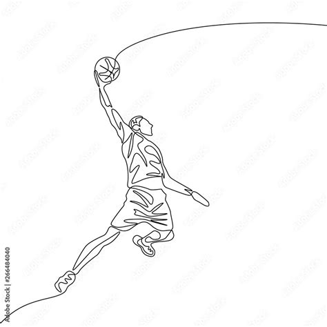 Continuous One Line Drawing Basketball Player Jumps Doing Slam Dunk