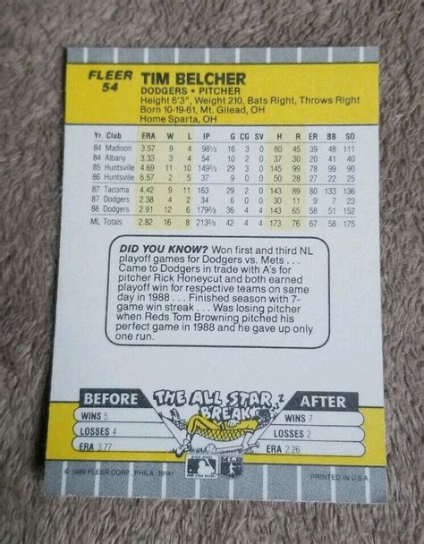 1989 Fleer Baseball Card 54 Tim Belcher Los Angeles Dodgers EBay