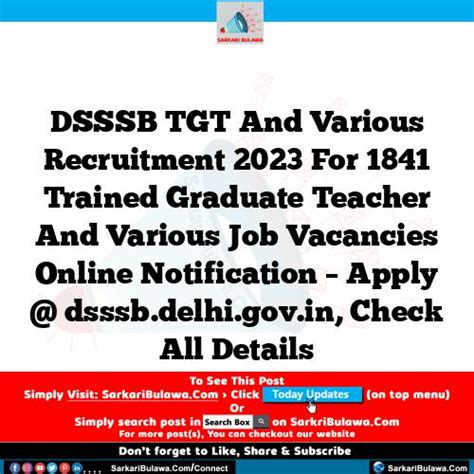 DSSSB TGT And Various Recruitment 2023 For 1841 Trained Graduate