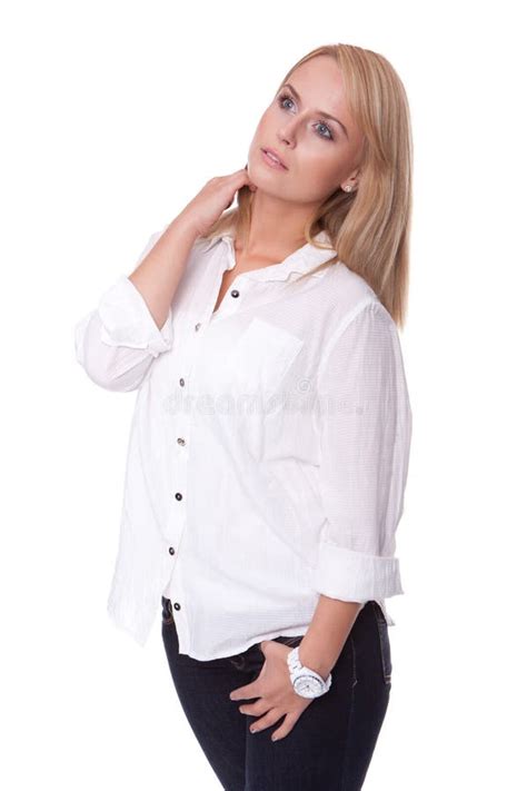 Gorgeous Blonde Woman In White Stock Photo Image Of Blouse Shirt 18948812