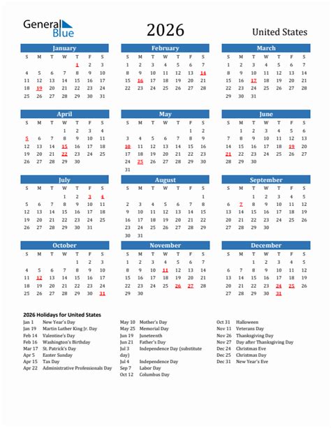 United States 2026 Calendar with Holidays