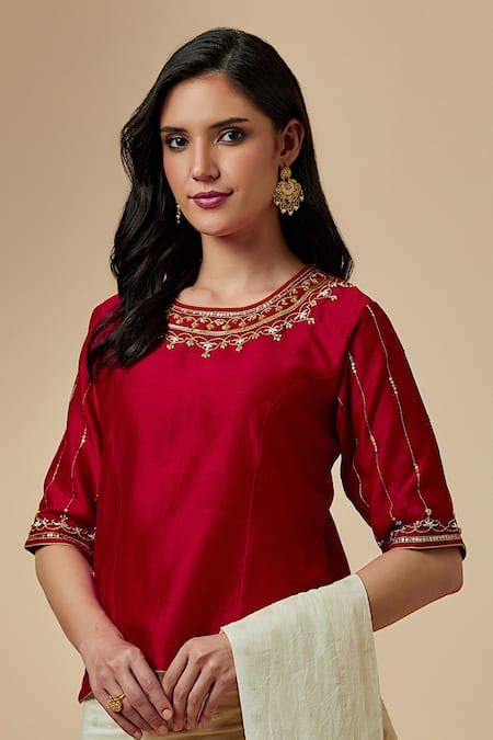 Buy Red Silk Chanderi Embroidered Floral Round Blouse For Women By