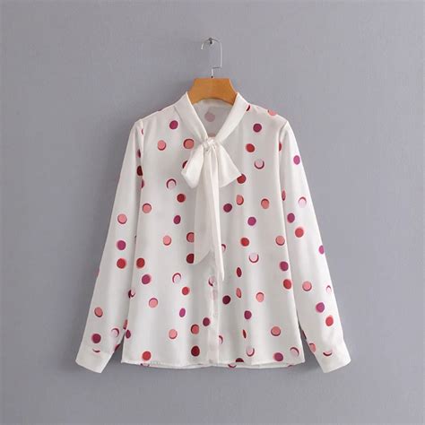 Cs3441 Women Sweet Pink Polka Dot Print With Bow Knot Tie Neck Blouse Ladies White Color Blouses