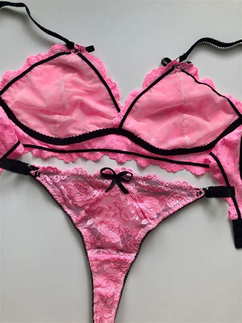 Soft Black Pink Lingerie Set Bralette With Double Layer Soft Etsy