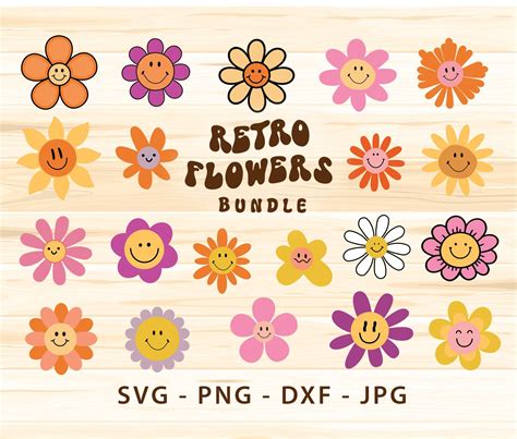 Groovy Smiley Flower Bundle Retro Flower Svg Hippie Svg Happy Face Svg