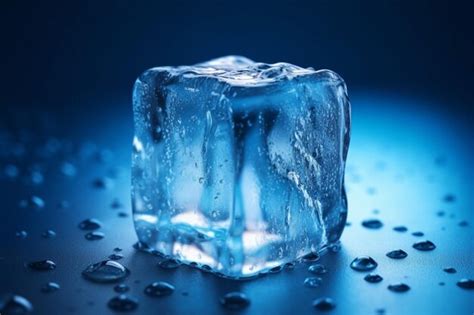 Cubo de hielo azulado derritiéndose en una exhibición cautivadora