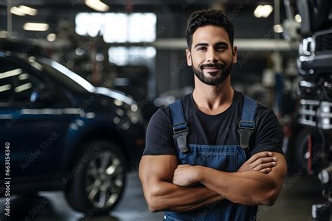 Confident Hispanic Latino Man Car Mechanic In A Garage Background