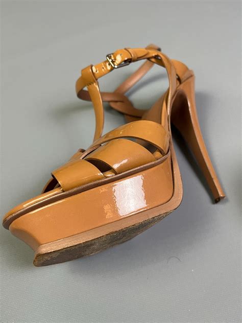 Ysl Nude Patent Leather Strappy Heels Wrap Around Ankle T Strap Boardwalk Vintage