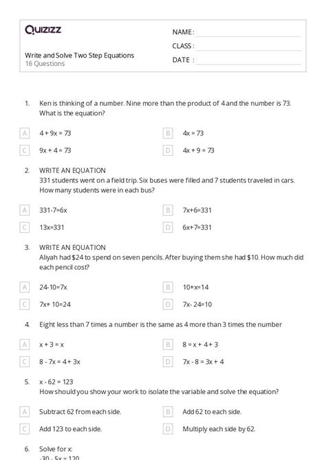 Two Step Equations Worksheets For Th Grade On Quizizz Free