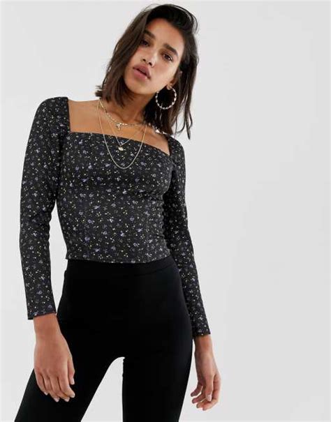 Asos Design Square Neck Top With Fluted Sleeve In Ditsy Floral Print Asos