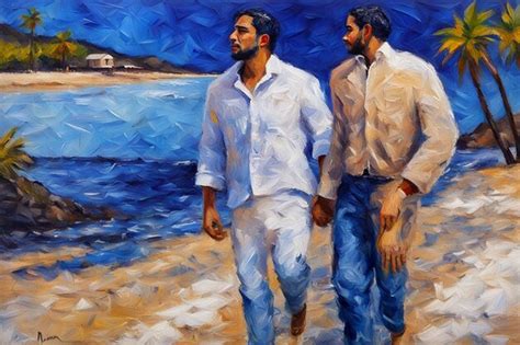 Pareja amorosa gay caminando con la mano en la playa ilustración romántica abierta de raza mixta