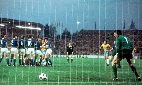 Brazil 1 East Germany 0 in 1974 in Hanover. Rivelino scores from a free kick on 60 minutes in ...