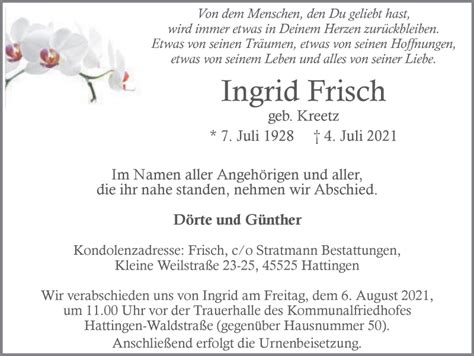 Traueranzeigen Von Ingrid Frisch Trauer In Nrw De