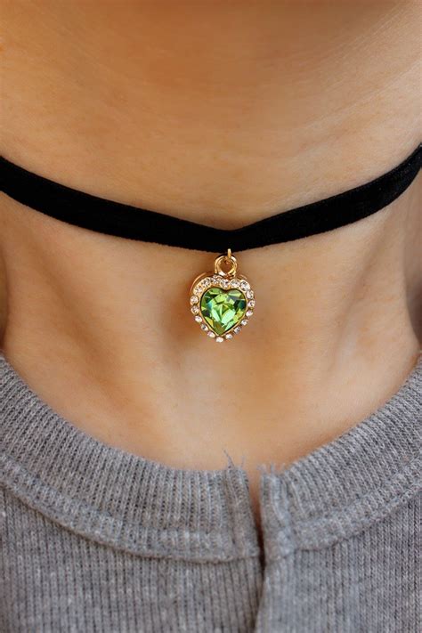 Emerald Green Heart Choker Necklace Necklace Womens Necklaces Heart Choker Necklace