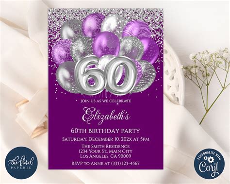 60th Birthday Invitation Template Purple And Silver Birthday Editable Balloons Birthday Party