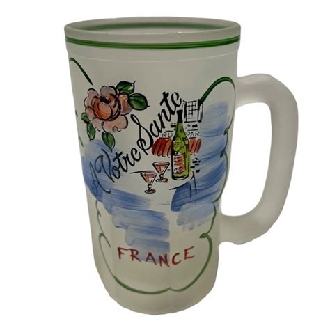 Hazel Atlas Dining Hazel Atlas Vtg Gay Fad Frosted Glass Beer Mug Hand Painted Votre Sante