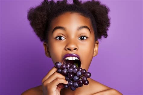 Premium AI Image | black child girl eating grapes isolated on purple ...