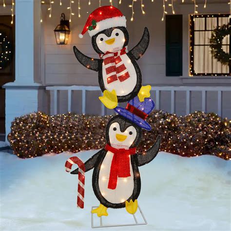 WATERGLIDE Set Of 2 Lighted Christmas Tinsel Penguins Pre Lit 2D