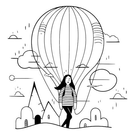 Premium Vector Cute Girl Flying In Hot Air Balloon