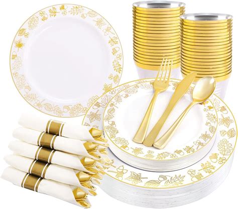 Amazon Hioasis 175pcs Thanksgiving Plastic Plates White And Gold