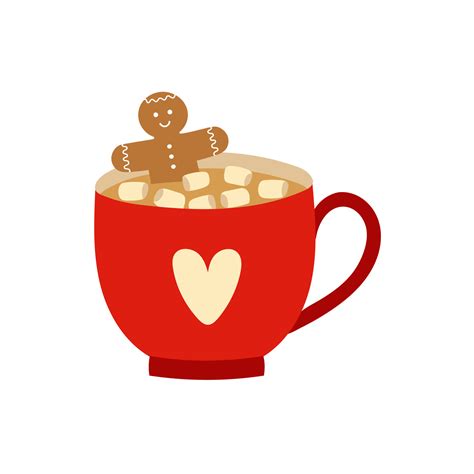 Red Cup Of Hot Chocolate With Gingerbread Cookie And Marshmallow Template For Cozy Winter
