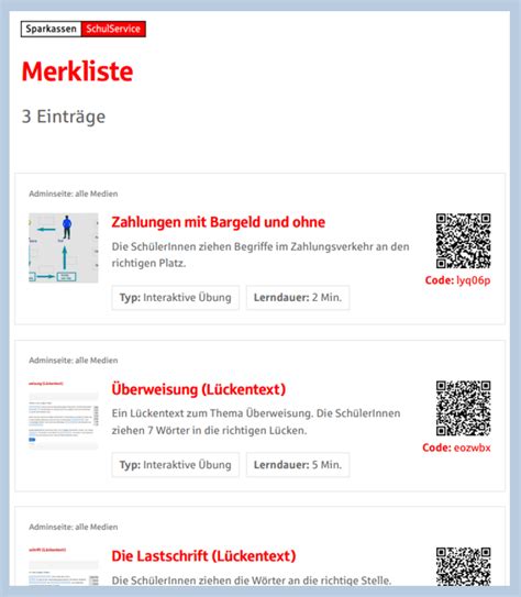 Codes Und Merkliste Sparkassen SchulService