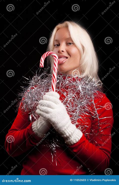 Portret Van Jonge Sexy Blonde Het Likken Lolly Stock Afbeelding Image