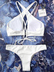 Rib Texture Keyhole Wrap Bikini Set In WHITE ZAFUL