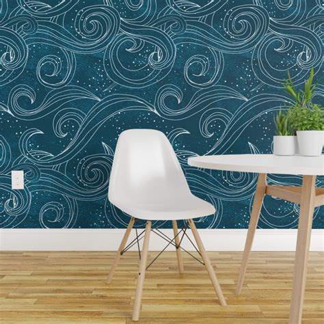 Peel And Stick Wallpaper 2ft Wide Wild Waves Mermaid Ocean Sea Whimsical Abstract Midnight Magical