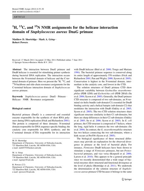 Pdf 1h 13c And 15n Nmr Assignments For The Helicase Interaction Domain Of Staphylococcus