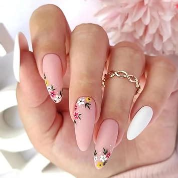 Amazon Medium Almond Press On Nails Flower Fake Nails Pink Nude False Nails With Designs