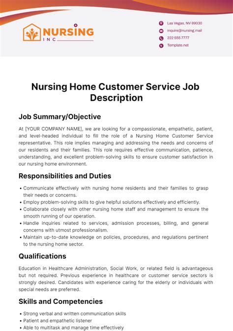 Free Nursing Home Customer Service Job Description Template Edit