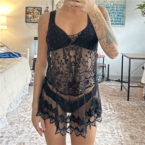 Black Lace Mesh Lingerie Top Or Dress With Floral Depop