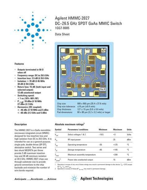 Agilent HMMC 2027 DC26 5 GHz SPDT GaAs MMIC Switch