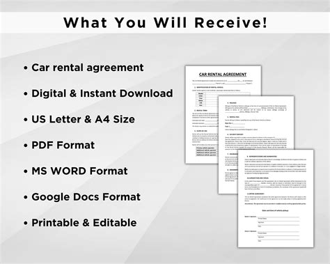 Editable Car Rental Agreement Template Car Rental Contract Printable Vehicle Lease Contract