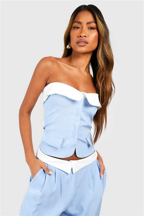 Powder Blue Woven Tailored Bandeau Corset Boohoo Uk