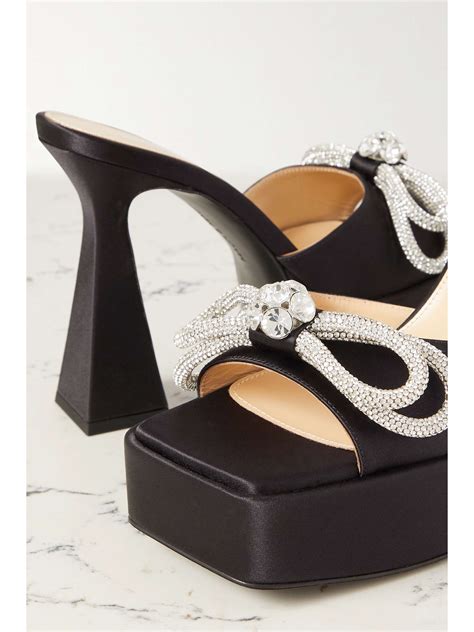 Mach Mach Double Bow Crystal Embellished Silk Satin Platform Mules