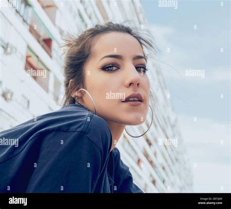 Portrait Of Modern Brunette Girl On The Street As A Neighborhood Lifestyle Stock Photo Alamy